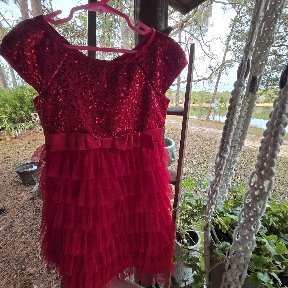 Jona Michelle Girls Red Sequined Formal Dress With Tulle Tiered Skirt Size 6